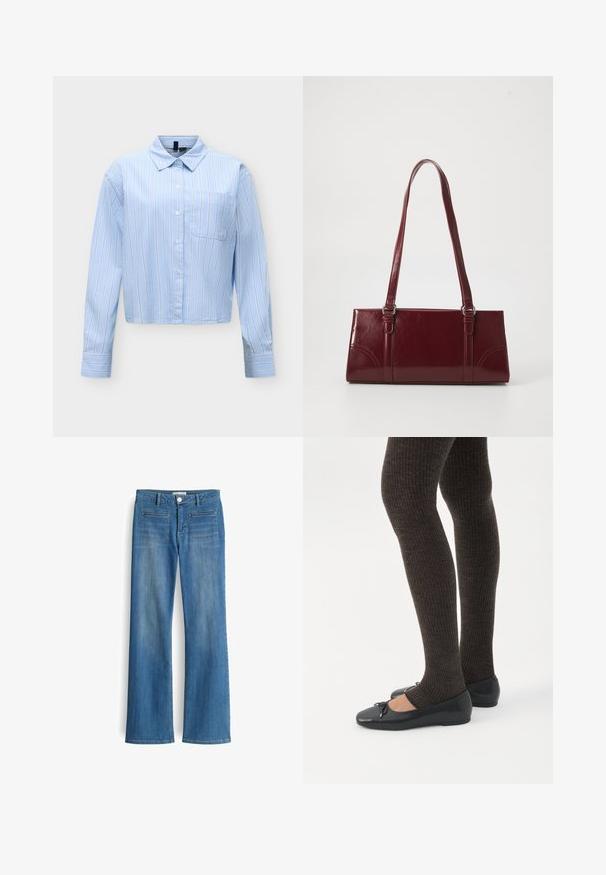 Lichtblauw overhemd met lange mouwen met dunne verticale witte en gele strepen, knoopsluiting aan de voorkant, puntige kraag en een linker borstzak.; Blauwe denim jeans met een rechte pijp, vijf zakken en een knoopsluiting op de taille. Vervaagde afwerking met subtiele textuur.; Benen met donkere geribbelde leggings gecombineerd met zwarte ballerina's met kleine strikdetails op een witte achtergrond.; Bourgondische handtas van glanzend materiaal, rechthoekige vorm, met twee schouderbanden en subtiele gebogen accenten aan de voorkant.