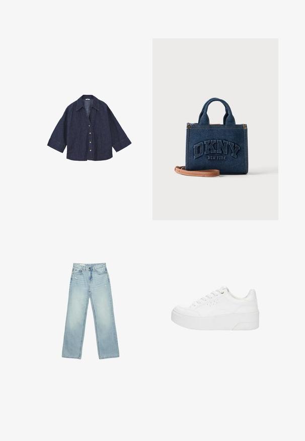 Mørkeblå oversized denimskjorte med brede 3/4-ærmer, klassisk krave og frontknaplukning med fem brune knapper.; Lyseblå højtaljede brede jeans med let slid på forlommer og lår, knaplukning og design med fem lommer.; Hvid platform-sneaker med snørelukning foran, perforerede detaljer på siden og tyk sål, vist fra ydersiden på en hvid baggrund.; Lille blå denimhåndtaske med korte håndtag, brun læderrem og forhøjet "DKNY New York" logo foran.