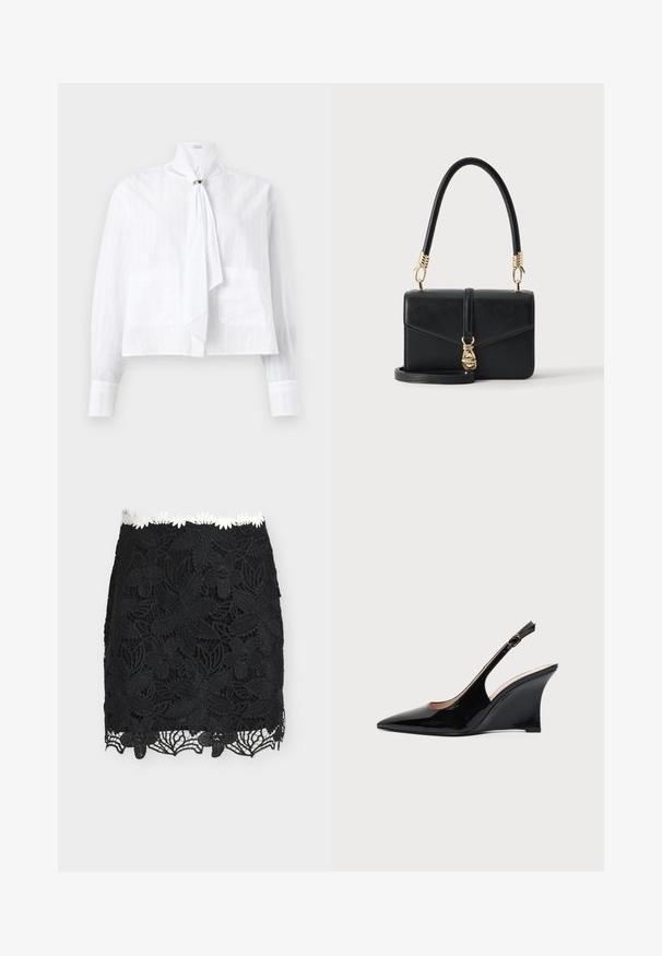 Blouse blanche en tissu léger avec un motif à rayures texturées, dotée de manches longues, d'un col haut et d'un détail de nœud.; Mini-jupe en dentelle noire à motifs floraux avec un bord en marguerites blanches à la taille, présentant des détails découpés complexes le long de l'ourlet.; Chaussure compensée à bride arrière en cuir verni noir avec bout pointu et boucle réglable à la cheville sur fond blanc.; Sac à main en cuir noir avec fermoir et accessoires dorés, poignée courte incurvée, et une longue bandoulière amovible sur un fond uni clair.