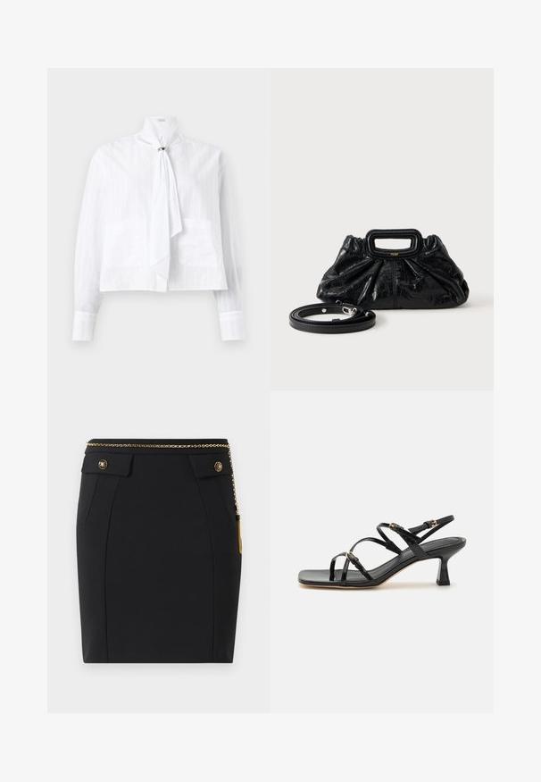 Blusa blanca de tela ligera con un patrón de rayas texturizado, que cuenta con mangas largas, cuello alto y un detalle de lazo.; Falda negra ajustada con bolsillos delanteros con solapa, botones decorativos en dorado y un cinturón delgado de cadena dorada con un borlas en el lado derecho.; Sandalias de charol negro con tiras, punta cuadrada y un bajo tacón en bloque. Presenta herrajes en tono dorado y correas en el tobillo ajustables.; Bolso pequeño de cuero negro con textura fruncida, asa rectangular y correa de hombro delgada y desmontable colocada al lado.