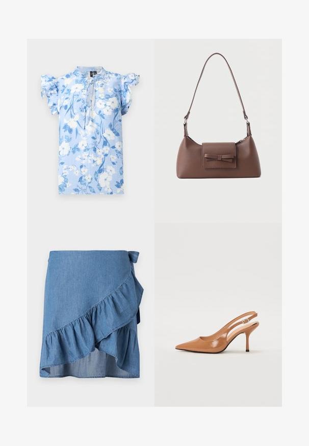 Blouse bleu clair à fleurs blanches et bleues, manches courtes à volants, avec un détail noué à l'encolure sur un fond uni.; Jupe portefeuille en denim bleu clair, avec un ourlet à volants et un détail à nouer à la taille. Texture lisse et silhouette fluide.; Escarpin à talon slingback à bout pointu en matériau beige lisse et brillant. Présente un design de découpes courbées et un talon aiguille fin. Détail de boucle en argent.; Sac à bandoulière en cuir marron avec une poche à rabat avant ornée d'un détail en forme de nœud cousu et une sangle réglable.