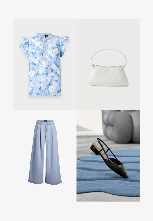 Hellblaue Bluse mit weißen und blauen Blumen, kurzen Rüschenärmeln und einem Bindeband am Hals vor einfarbigem Hintergrund.; Hellblaue Jeanshose mit weitem Bein, vorderen Falten, Knopfverschluss und JJXX-Label am inneren Bund.; Schwarzer Slingback-Schuh aus Lackleder mit niedrigem Blockabsatz, der auf einem strukturierten blauen wellenförmigen Teppich und grauen gepolsterten Möbeln ruht.; Weiße gewebte Lederhandtasche mit abgerundetem Griff und verknoteten Riemenenden, vor schlichtem Hintergrund präsentiert.