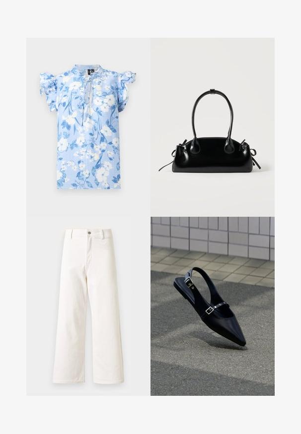 Blouse bleu clair à fleurs blanches et bleues, manches courtes à volants, avec un détail noué à l'encolure sur un fond uni.; Pantalon en denim blanc à taille haute et jambes larges, fermeture devant par bouton et zip, passants pour ceinture, sans poches visibles.; Mocassin noir à bout pointu et bride arrière, avec double boucle, posé sur un asphalt gris près d'un mur carrelé en arrière-plan.; Petit sac à main noir brillant avec deux longues anses et des détails à cordon sur les côtés sur un fond clair uni.