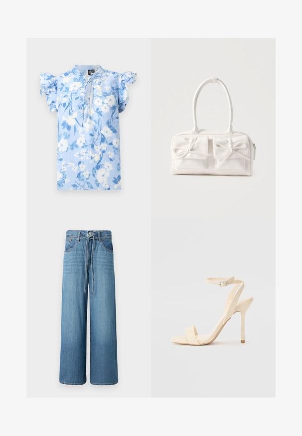 Hellblaue Bluse mit weißen und blauen Blumen, kurzen Rüschenärmeln und einem Bindeband am Hals vor einfarbigem Hintergrund.; Weite Jeans in hellblauem Denim. Mit einem Knopfverschluss, einem Kordelzugbund, fünf Taschen und einem leicht ausgewaschenen Finish.; Beige High Heel Sandale mit einem schmalen Knöchelriemen und quadratförmiger Zehenpartie. Glattes synthetisches Material, minimalistisches Design und Pfennigabsatz.; Weiße synthetische Handtasche mit zwei vorderen Taschen, jeweils mit einer gebundenen Schleifendekoration. Glatte Textur, abgerundete Griffe und Reißverschluss.