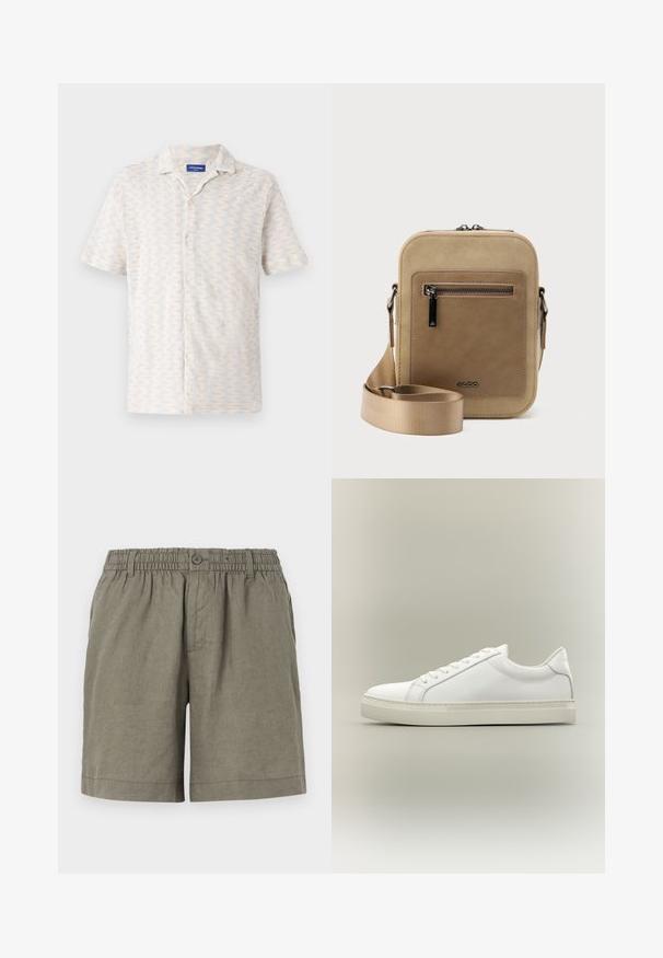 Chemise à manches courtes avec boutons, dans des couleurs claires, présentant un motif en zigzag, un col et cinq boutons sur le devant. Fabriquée en tissu respirant.; Shorts khaki en tissu léger avec une taille élastique et une fermeture à boutons. Ils présentent un design à jambe droite et un ourlet roulé.; Baskets blanches basses à lacets sur l’avant et semelle épaisse, vues de côté sur un fond neutre.; Petit sac bandoulière beige avec poche avant zippée, logo métallique ALDO, sangle large ajustable et forme rectangulaire arrondie sur fond blanc.