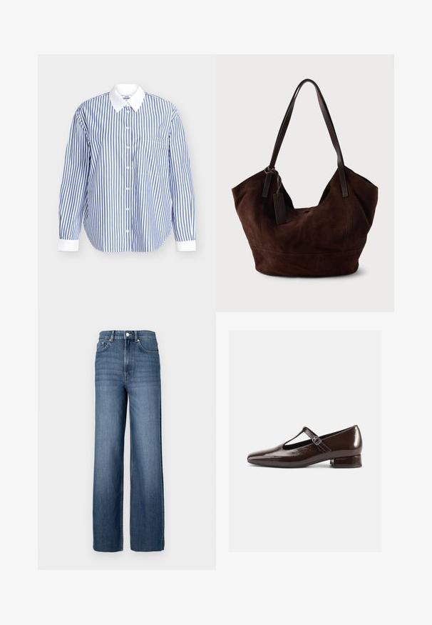 Gestreiftes Hemd aus Baumwolle in Blau und Weiß. Mit durchgeknöpfter Vorderseite, langen Ärmeln und weißem Kragen. Mit Brusttasche.; Blaue Jeans aus Denim mit hohem Bund und weitem Schnitt. Verfügt über ein klassisches Fünf-Taschen-Design und metallene Knopfdetails.; Braune Mary-Jane-Schuhe aus Lackleder mit abgerundetem Zehenbereich, Cut-out-Design und verstellbarem Riemen. Niedriger Blockabsatz.; Braune Wildleder-Handtasche mit einer weichen, lässigen Form. Verfügt über Ledergriffe und einen Etikettenakzent. Schlichte Textur mit geschwungenen Nähten.