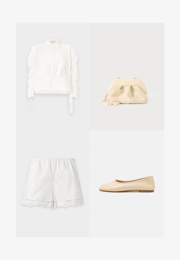Hvid cropped skjorte lavet af bomuld, med knaplukning foran, sammensnørede ærmer og dekorative perle detaljer throughout.; Hvide elastiske shorts med blomsterblondekant forneden på en ensartet lys baggrund.; Beige læder balletflader med en rund tå, glat overflade, flad hæl og minimalistisk design. Diskrete syninger langs kanterne.; Håndtaske i kremfarvet stof med blomsterbroderi, blød afrundet topramme og justerbar rem, lagt foran på en lysegrå baggrund.