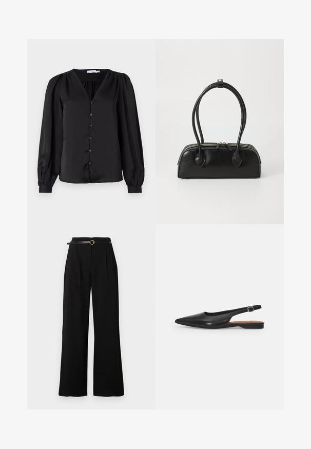 Blusa negra de tejido suave, con escote en V, botones en la parte frontal y mangas largas abullonadas con puños ajustados.; Pantalones negros de tiro alto y pernera ancha con pliegues delanteros y un cinturón negro estrecho con una hebilla redonda dorada.; Zapato de cuero negro tipo slingback con punta afilada, ligero brillo y correa ajustable en el tobillo. Tacón plano con plantilla marrón.; Bolso de mano de cuero negro con dos asas alargadas, cierre de cremallera y forma redondeada; textura suave con un acabado ligeramente brillante.