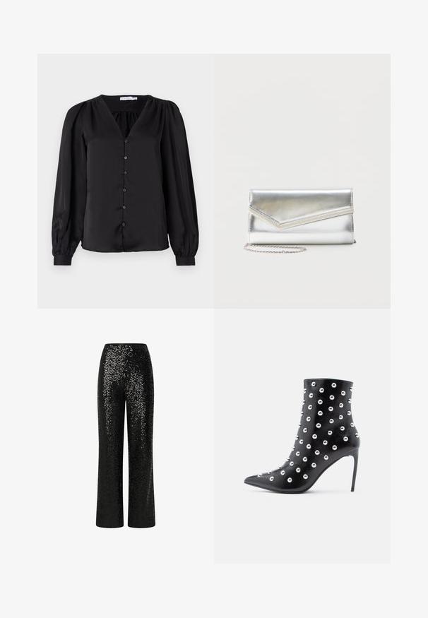 Čierna blúzka vyrobená z hladkej tkaniny, s výstrihom do V, prednými gombíkmi a dlhými nafúknutými rukávmi so priliehavými manžetami.; Čierne nohavice z flitrov s rovným strihom, ktoré majú hladký pás a reflexnú textúru, vytvárajúcu žiariaci efekt.; Čierna členková čižma z textúrovanej kože, zdobená striebornými cvočkami, so špicatou špičkou a podpätkom na ihličkovom opätku.; Lesklá strieborná kabelka s obálkovým chlopňovým uzáverom a dekoratívnym lemom, malý strieborný reťazový remienok, na jednoduchom svetlom pozadí.