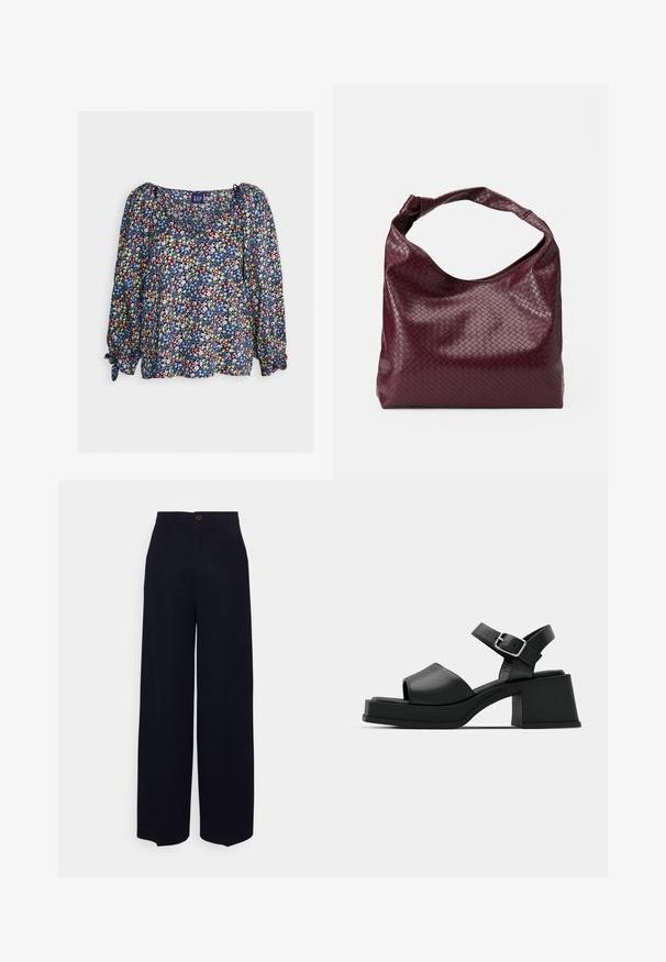 GAP Bluse - multi; Even&Odd Tall Bukser - dark blue; Sorte læder platform sandaler med peep-toe design, ankelrem og en kraftig firkantet hæl. Glat tekstur og minimalistisk stil.; Burgunderfarvet taske med et tekstureret, vævet mønster, blødt lædermateriale og et enkelt, knyttet håndtag. Rummeligt, hobo-stil design.