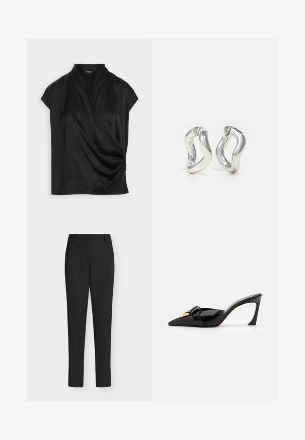 MARCIANO BY GUESS SORAYA - Blúzka - jet black; Čierne nohavice slim fit s pútkami na opasok, predným zipsom a rovnými nohavicami, zobrazené na bielom pozadí.; Čierne lakované mule s špicatou špičkou, uzlovým predným dizajnom, zlatým hardvérom a zúženým vysokým podpätkom.; Strieborné kruhové náušnice so skrúteným dizajnom. Zaoblené okraje a lesklý povrch. Otvorené zapínanie pre jednoduché nosenie. Hladká textúra po celej ploche.