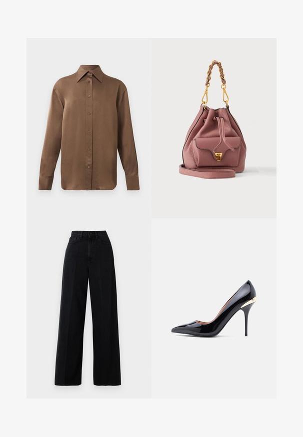 Brun langærmet skjorte med knapper, spids krave og manchetter, vist mod en simpel hvid baggrund.; Sorte wide-leg jeans lavet af denim, med høj talje, forlommer og knaplukning. Stoffet har en glat tekstur.; Sort laklæder højhælet sko med spids tå og en gulddetalje ved hælen. Glat tekstur og slank silhuet.; Lyserød læder bucket taske med frontlomme, guldfarvet lås, flettet kæde og læderhåndtag samt justerbar skulderrem i matchende farve.