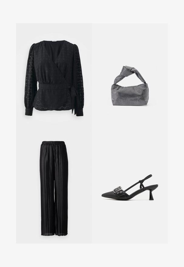 JDY JDYISLA WRAP - Μπλούζα - black; Μαύροι πλισέ παντελόνες με φάρδος και ελαστική μέση, κατασκευασμένοι από γυαλιστερό ύφασμα που αναδεικνύει την υφή και την κίνηση.; Simmi London DALA - Κλασικές γόβες - black; Μαύρη και ασημένια τσάντα χειρός με υφασμάτινη επιφάνεια που διαθέτει διαμαντένιο σχέδιο, κόμπο στη λαβή και δομημένο σχήμα.