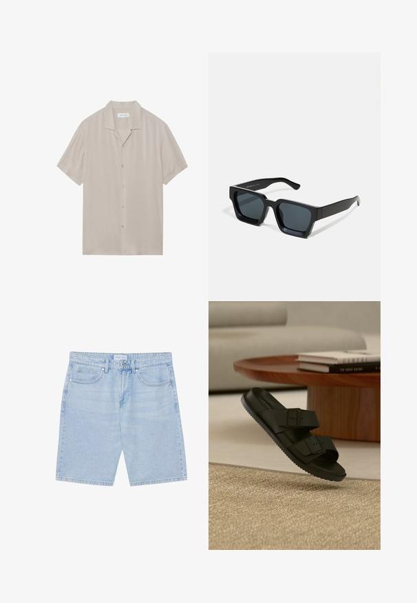 Korte mouw, knoopsluiting overhemd in lichtbeige stof met een gladde textuur, spitse kraag en een rechte zoom.; Lichtblauwe denim shorts met een rechte pasvorm, voorzien van voorzakken, knoopsluiting en een verouderde afwerking. Klassiek vijfzakken ontwerp.; Zwarte sandaal met dubbele bandjes en gespen op een beige geweven kleed, houten ronde tafel met gestapelde boeken op de achtergrond.; Zwarte rechthoekige zonnebril met donkere lenzen. Dikke, gladde kunststof montuur met een licht glanzende afwerking en rechte veren.