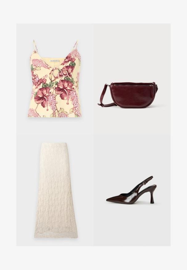 Haut jaune sans manches avec fines bretelles, imprimé floral violet, détail noué à l'avant et petits boutons au centre.; Longue jupe en dentelle crème avec motif floral texturé et silhouette droite.; Talons slingback en cuir verni brun avec un bout pointu, un talon fin, et une sangle réglable avec une petite boucle.; Sac à main en cuir marron foncé avec une forme en demi-lune, une fermeture éclair et une bandoulière amovible. Texture lisse avec un léger éclat.