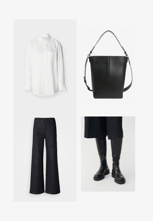 Hvid, langærmet skjorte med knapper, subtile lodrette striber, spids krave, brystlomme foran og manchetter med knapper på ensfarvet baggrund.; Sorte viddebenede denimbukser med en tekstureret finish, udstyret med bæltestropper og en ren kant. Klassisk design, velegnet til forskellige lejligheder.; Sorte læder knæhøje støvler med en glat tekstur, kraftige såler og side-lynlåse. Designet har diskrete sømdetaljer.; Sort læder bucket taske med to justerbare skulderstropper og minimale syningsdetaljer på en ensfarvet baggrund.