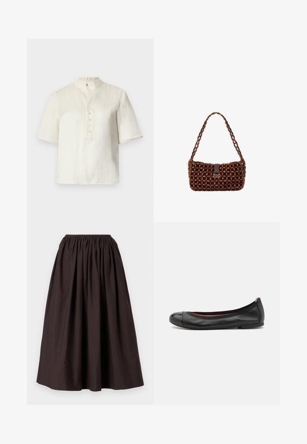 Chemise à manches courtes de couleur crème avec un col montant, une patte de boutonnage à l'avant et une coupe légèrement ample. Tissu léger avec une texture lisse.; Jupe longue jusqu'à la cheville de couleur marron, fabriquée dans un tissu léger avec une taille élastique et un design froncé pour un effet volumineux.; Ballerines en cuir noir avec un bout arrondi et un détail en cap brillance. Présentent une texture lisse et des coutures subtiles le long du bord supérieur.; Sac à main marron composé de perles en bois interconnectées avec une seule bandoulière et une fermeture en cuir sombre ornée d'un petit fermoir décoratif en or.