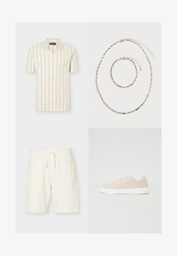 Polo à manches courtes beige et blanc à rayures verticales, boutonné, avec col plié.; Shorts blancs texturés mi-genoux avec taille élastique et cordon, dotés de poches latérales et d'une coupe décontractée.; Baskets en daim beige avec semelles en caoutchouc blanc, bout rond et six œillets pour les lacets. Texture lisse avec un design minimaliste.; Collier en chaîne torsadée argentée et bracelet assorti avec fermoirs ajustables, posés à plat sur un fond blanc.