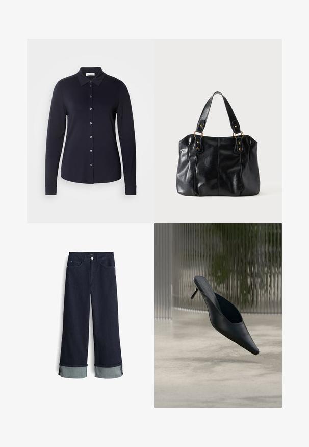 Marineblaue langärmelige Button-Up-Bluse mit klassischem Kragen, weichem Stoff und sechs Frontknöpfen. Sie hat enganliegende Manschetten und eine glatte Textur.; Dunkelblaue Denim-Jeans mit weitem Bein und hoher Taille, mit umgeschlagenen Säumen in einem helleren Blauton und klassischem Vier-Taschen-Design.; Schwarzer spitzer Mule-Schuh mit dünnem hohen Absatz, der über einem glatten Betonboden schwebt, mit einem unscharfen vertikal gestreiften Hintergrund.; Schwarze Leder-Schultertasche mit doppelten Trägern, befestigt durch goldene Ringe und Nieten, glatte und leicht glänzende Oberfläche, schlichtes Design.