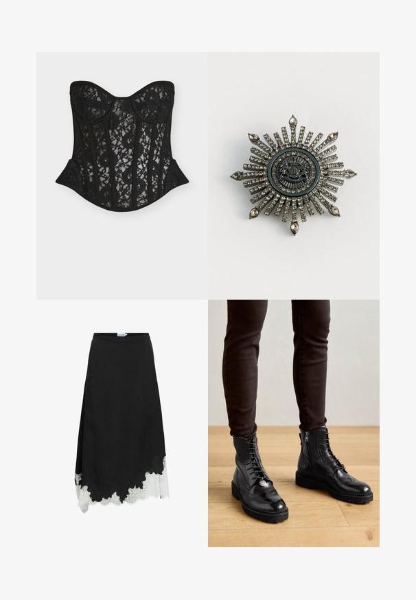 Corset en dentelle noire avec un design structuré, doté d’armatures, d’un décolleté en cœur et d’un motif floral subtil. Texture lisse avec une silhouette ajustée.; Jupe midi noire avec un ourlet asymétrique et une dentelle blanche dépassant en dessous du bord inférieur.; Bottines en cuir noir avec des détails de brogue, un laçage à l'avant, des fermetures éclair sur les côtés et des semelles en caoutchouc texturé. Associées à un pantalon slim noir.; Broche en forme d'étoile en métal argenté avec des strass clairs. Le design central présente un emblème circulaire avec des détails délicats.