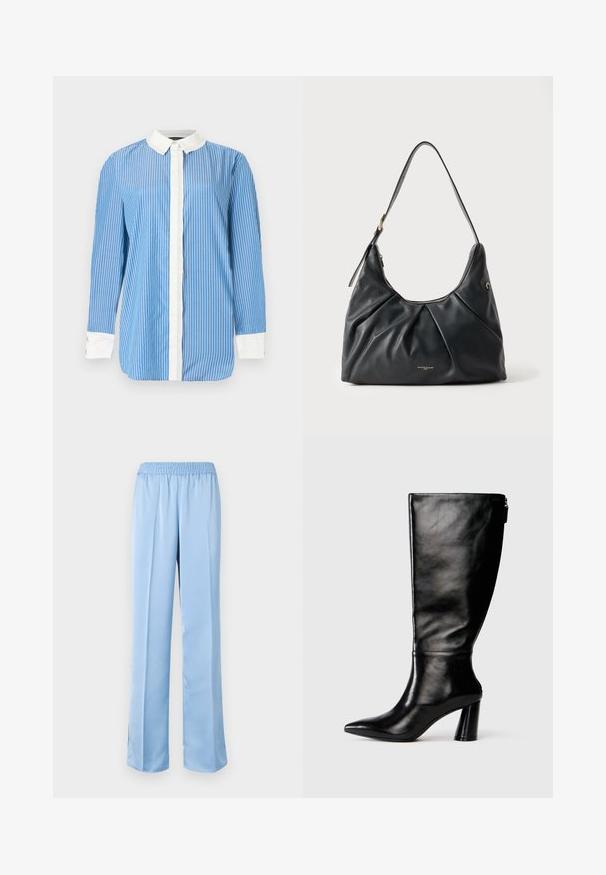 Camisa azul de manga larga con rayas verticales blancas, cuello blanco, tapeta de botones blanca en la parte delantera y puños blancos con botones.; Pantalones de pierna ancha en azul claro con una cinturilla elástica. Textura suave, diseño liso y dobladillo ligeramente acampanado con aberturas laterales en la parte inferior.; Bota de cuero negro hasta la rodilla con punta afilada, textura suave y un tacón grueso. Presenta un detalle de cremallera en la parte de atrás.; Bolso de hombro de cuero negro con parte frontal plisada, correa ajustable, cremallera dorada y pequeño logo de marca dorado en el centro delantero.