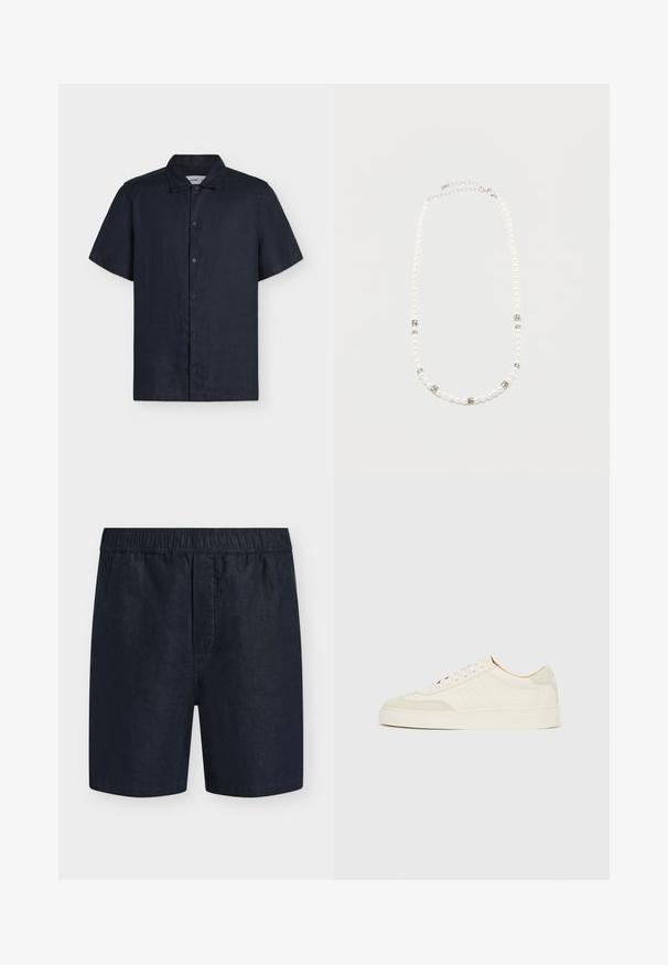 Chemise noire à manches courtes avec boutons et col classique, présentée sur un fond clair uni.; Shorts pour homme bleu marine avec taille élastique et sans poches visibles, présentés sur un fond clair uni.; Baskets en daim blanc à finition lisse, embout rond, design lacé plat, avec des accents texturés contrastants. Comprend un détail de logo subtil.; Collier de perles blanches avec des intercalaires en strass argentés et un fermoir chaîne en argent, présenté sur un fond clair uni.