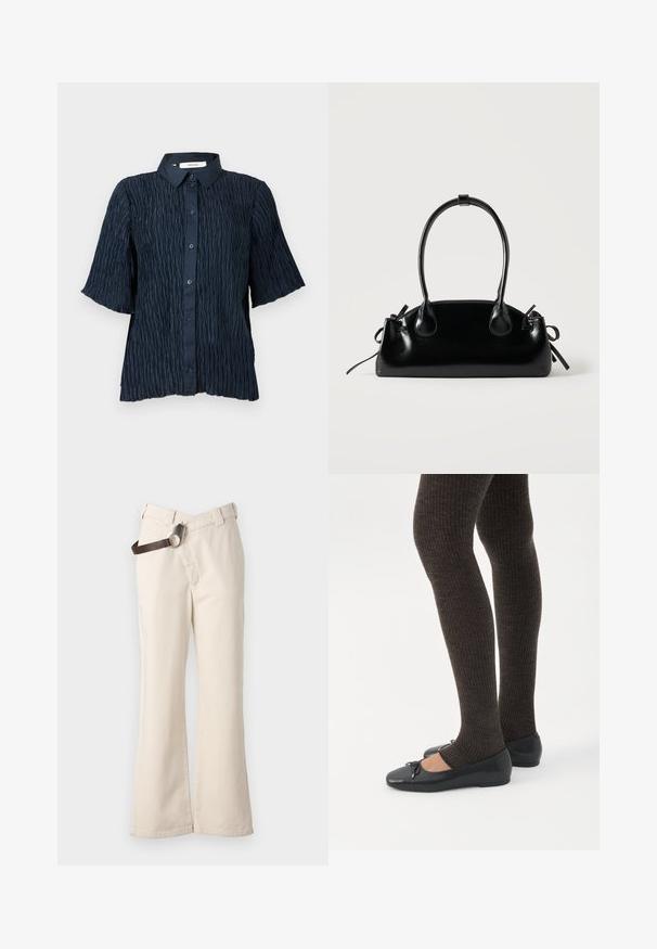 Tumesinine lühikeste varrukatega särg, millel on tekstuuriga, kortsus pinda, varustatud nööbillioniga esiosa ja klassikalise kraega.; Pinko PAINT PANTALONE - Püksid - beige betulla; Jalad seljas tumedad soonelises soonelises kombines mustade baleriinadega, millel on väikesed paelade detailid valgel taustal.; Väike must läikiv käekott kahe pika sangaga ja külgedel paelakinnitustega, ühel lihtsal helel taustal.