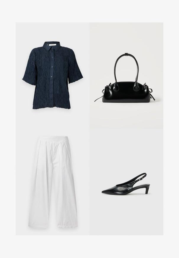 Chemise à manches courtes bleu marine avec une surface texturée et froissée, dotée d'une fermeture à boutons à l'avant et d'un col classique.; Pantalons larges blancs en tissu léger. Dotés d'une coupe ample, de plis à l'avant et d'une taille élastique.; Escarpin à bride arrière en cuir noir avec un bout pointu, un petit talon et une sangle à boucle réglable. Texture lisse avec un minimalisme dans les détails.; Petit sac à main noir brillant avec deux longues anses et des détails à cordon sur les côtés sur un fond clair uni.