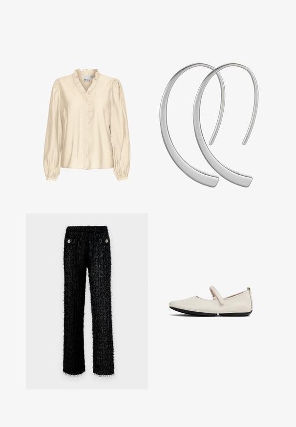 Beige langærmet bluse med rynket halsudskæring, knaplukning foran og puffede ærmer. Lavet af glat stof med en subtil glans.; Sorte, fuzzy bukser med et tekstureret design, der har en høj talje og to frontlommer prydet med runde blomsterudsmykninger.; Hvide læder Mary Jane flade sko med en sikker rem, rund tå, lav sort sål og struktureret overflade, udstyret med en bagzipper for nem påtagning.; Sølvfarvede metal hoops øreringe med en glat, blank overflade og buet halvmåneform, der har et minimalistisk design uden synlige mønstre.