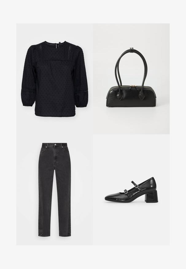 Blusa negra con mangas abullonadas, lunares texturizados y detalles de encaje en los hombros y los puños. Escote redondo. Tejido suave.; Vaqueros de mezclilla negra de pierna recta con cintura alta, botón y cremallera en el frente, y estilo de cinco bolsillos sobre un fondo blanco.; Zapatos Mary Jane de charol negro con punta afilada, dos correas ajustables y tacón cuadrado grueso. Textura suave y acabado brillante.; Bolso de mano de cuero negro con dos asas alargadas, cierre de cremallera y forma redondeada; textura suave con un acabado ligeramente brillante.