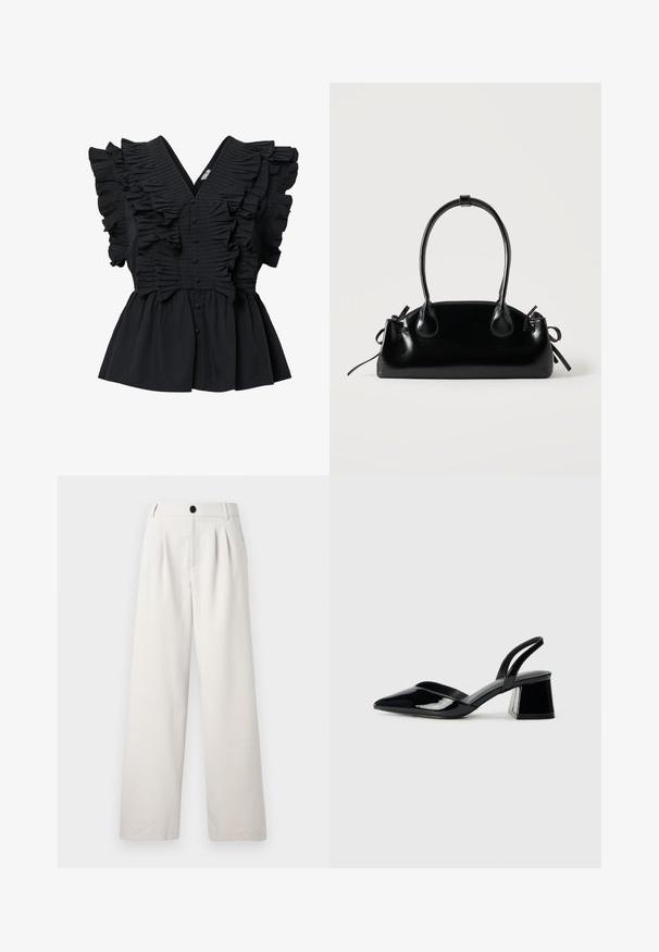 Blouse sans manches noire avec un décolleté en V profond, des détails froncés sur le devant et les épaules, et des boutons recouverts de tissu le long du centre.; Pantalons beige à jambes larges en tissu lisse, avec des plis avant, une fermeture à bouton unique et des poches latérales pour plus de praticité.; Escarpins en cuir verni noir avec bout pointu et talon bloc géométrique. Présente un design élégant et minimaliste ainsi qu'une texture lisse.; Petit sac à main noir brillant avec deux longues anses et des détails à cordon sur les côtés sur un fond clair uni.
