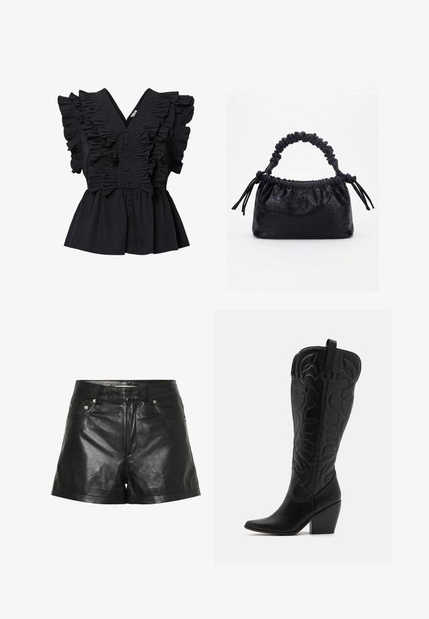 Blusa negra sin mangas con escote en V profundo, detalles con volantes en la parte delantera y los hombros, y botones forrados de tela en el centro.; Pantalones cortos de cuero negro con una textura suave y brillante, que cuentan con bolsillos frontales, acentos metálicos y un diseño de cintura ajustada.; Botas negras de cuero hasta la rodilla con punta puntiaguda y tacón apilado. Presentan costuras decorativas y elementos de diseño curvados.; Bolso negro con textura de cocodrilo, borde superior fruncido, asa recogida y cordones con borlas en cada lado sobre un fondo blanco.