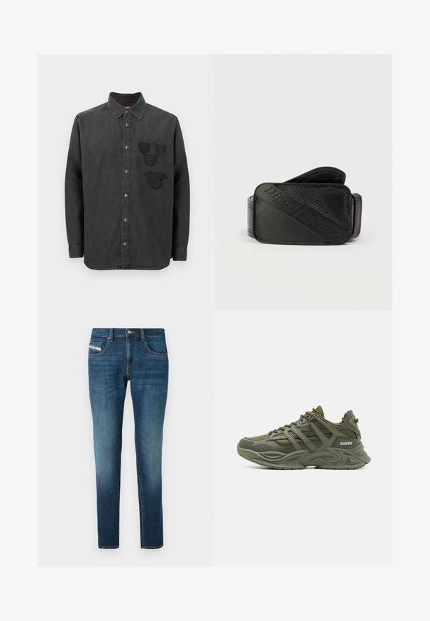 Chemise en denim noir avec un devant boutonné, des manches longues, un col, et trois écussons brodés sur la poitrine gauche. Tissu texturé.; Jean en denim bleu foncé avec un léger délavage, coupe droite, cinq poches et des détails de couture contrastés.; Guess BELLUNO - Baskets basses - green; Ceinture noire présentant un design texturé avec un logo en relief bien visible. Le matériau semble lisse avec une finition en cuir.