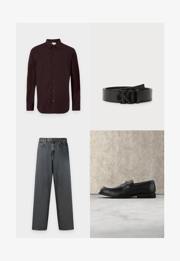 Mørkerød langærmet skjorte lavet af glat stof. Har en krave med knapper og fem sorte knapper foran. Diskret logo på brystet.; Mørkegrå denimjeans med lige ben, fem lommer og en knap- og lynlås-lukning. Stofmet har diskret falming og syninger.; Sort læderloafer med metalbrandskilt hvilende nær et brunt rundt bord på beige tæppe.; Sort læderbælte med en glat finish, rund spænde med prægede 'CK' logo og justerbar længde. Simpelt og klassisk design.