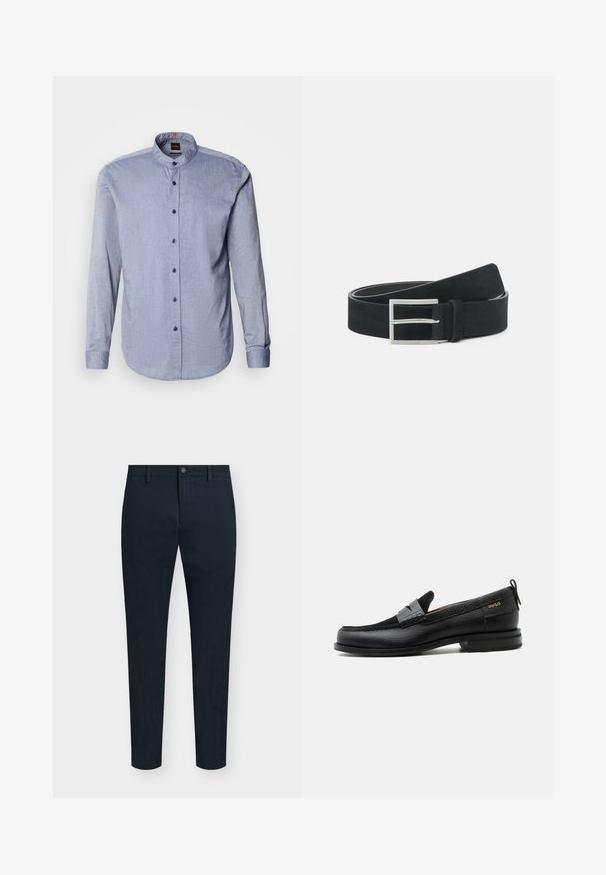 Camisa abotonada de tela azul claro, con cuello tipo banda, mangas largas y botones azul oscuro. Textura suave con un patrón sutil.; Pantalones de hombre azul marino de corte slim con cierre frontal de botón y cremallera, trabillas para cinturón y diseño minimalista.; Mocasín de cuero negro con detalle de tira gris, tacón bajo y suela texturizada, con la marca "HUGO" en oro en el lateral.; Cinturón de ante negro con hebilla de metal plateado, diseño plano y costura en contraste a lo largo de los bordes. Textura suave en general.