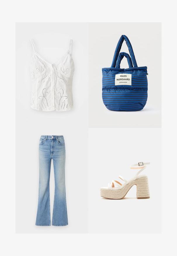 Hvid ærmeløs bluse med broderede blomsterdesign, en bindebånd ved halsen og en knaplukning foran med en struktureret overflade.; Lyseblå flared jeans lavet af denim, med høj talje, fem-lommekonstruktion og en subtil gradientafblegning mod kanten.; Hvid platformsandal med flettet reb hæl og sål, tre frontremme og en ankelrem med sølvsnude.; Blå og sortstribet polstret shoppertaske med to hængsler og et hvidt mærke med teksten "Mads Nørgaard Copenhagen" på forsiden.