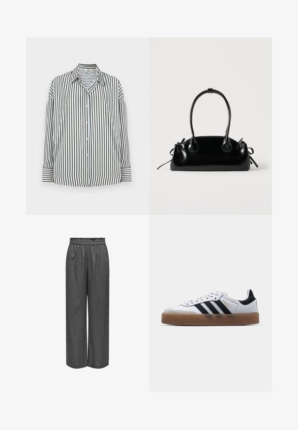 Chemise boutonnée à rayures verticales vertes et blanches, avec un col classique, des manches longues et un ourlet droit.; Pantalons gris à jambe large en tissu doux avec une taille élastique. Présente une coupe ample et une texture lisse.; Baskets en cuir blanc avec des rayures noires, semelle extérieure en caoutchouc beige, bout rond, fermeture lacée et embout en suède gris doux.; Petit sac à main noir brillant avec deux longues anses et des détails à cordon sur les côtés sur un fond clair uni.