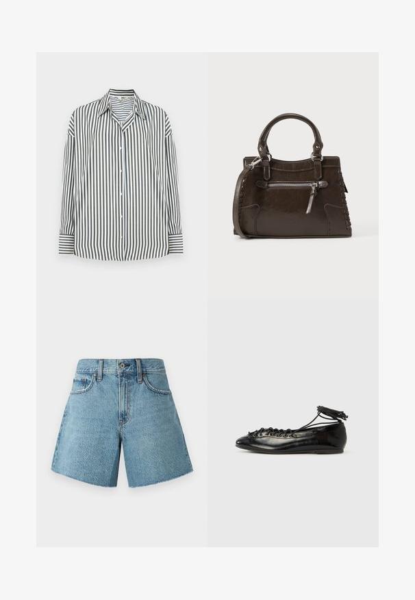 Knapp-up skjorte i grønne og hvide lodrette striber, med en klassisk krave, lange ærmer og en lige kant.; Denim shorts i lys blå, med høj talje, fem lommer og rå kant. Fremstillet af tekstureret bomuldsstof med et klassisk design.; Sorte balletflade sko i laklæder med rundet tå, snørelukning og flad sål. Glat tekstur med få detaljer.; Brun læderhåndtaske med top-håndtag, lynlåslomme foran og vævede detaljer på siderne. Glat tekstur og struktureret form.