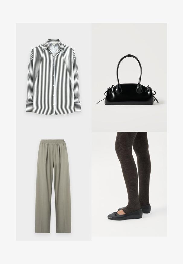 Chemise boutonnée à rayures verticales vertes et blanches, avec un col classique, des manches longues et un ourlet droit.; Pantalons large taille haute, gris clair, avec une ceinture élastique et des plis sur le devant.; Jambes portant des leggings côtelés foncés associés à des ballerines noires avec de petits détails en nœud sur fond blanc.; Petit sac à main noir brillant avec deux longues anses et des détails à cordon sur les côtés sur un fond clair uni.
