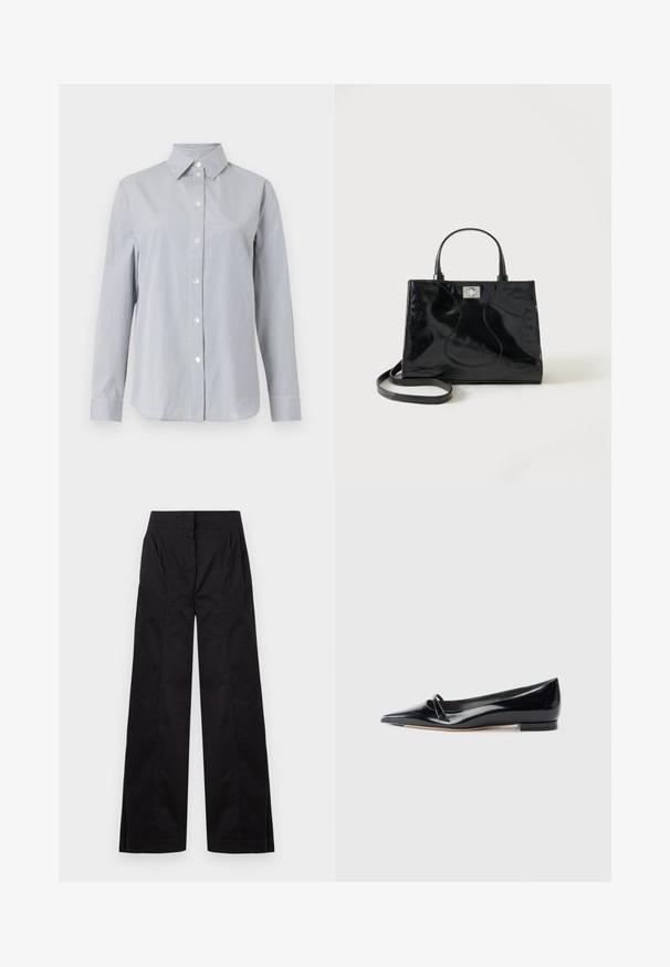 Chemise gris clair à manches longues avec fines rayures blanches verticales, fermeture boutonnée à l'avant, col pointu et poignets assortis sur fond uni.; Pantalon noir taille haute à jambes larges avec des détails de coutures frontales et des poches latérales, présenté sur un fond clair uni.; Chaussure plate en cuir verni noir avec un bout pointu, une petite lanière décorative et un petit talon carré. Texture lisse et design épuré.; Sac à main en cuir verni noir avec poignées arrondies, bandoulière détachable et fermeture à boucle argentée sur fond blanc uni.