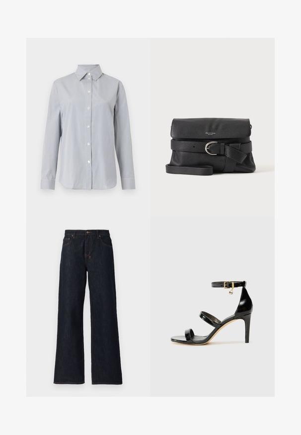 Langærmet lysegrå skjorte med tynde, lodrette hvide striber, knappet front, spids krave og matchende manchetter på ensfarvet baggrund.; Mørkeblå vidde jeans lavet af denim, med orange syninger, to frontlommer og en knaplukning i taljen.; Sorte patenterede lædersandaler med tre stropper, ankelspænde og 10 cm stiletthæl. Har detaljer i guld og et logo charms.; Sort crossbody taske i prikket læder med klaplukning, sølv spænde bælte detalje og justerbar skulderrem på ensfarvet baggrund.