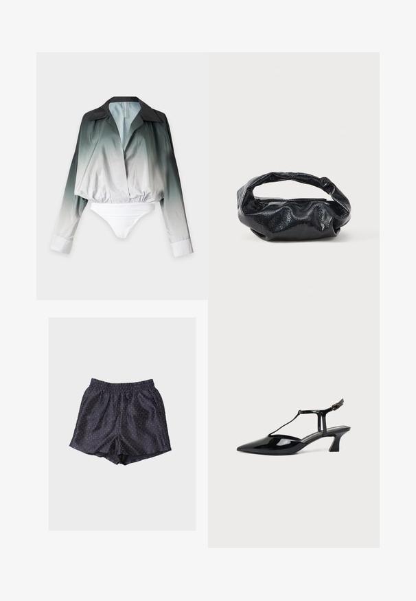 Body chemise à manches longues ombré avec col noir dégradé du vert foncé au blanc, avec un décolleté en V profond et une taille élastique.; Shorts en satin bleu marine avec taille élastique et petits pois blancs. Coupe décontractée et texture lisse.; Chaussure slingback en cuir verni noir à bout pointu avec bride en T et petit talon bloc incliné sur fond blanc.; Sac noir en matériau texturé et brillant avec une poignée circulaire torsadée et une fermeture éclair. Présente un design doux et froissé.