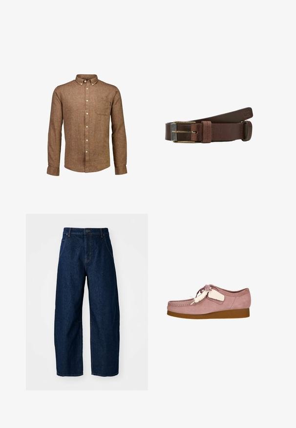 Braunes Langarmhemd mit strukturierter Stoffoberfläche, Knopfleiste vorne, einer Brusttasche und klassischem Kragen.; Hellebeine Jeans aus dunklem Denim mit hoher Taille, fünf Taschen, vorderem Knopfverschluss und sichtbaren Nähten.; Hellrosa Wildlederschuh mit runder Spitze, Schnürdesign und cremefarbenem Akzentetikett. Verfügt über eine beige Gummisohle für zusätzlichen Halt.; Brauner Ledergürtel mit Metallverschluss und genähten Kanten, aufgerollt mit der Schnalle nach links auf weißem Hintergrund.