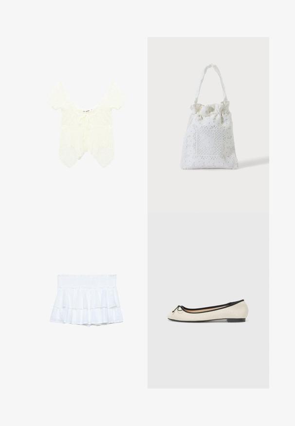 Haut court en dentelle blanche à manches courtes avec encolure dégagée et détail de nouage devant, bordé d'un ourlet festonné.; Shorts blancs à volants avec une taille smockée, dotés de tissu superposé et de détails texturés subtils. Design léger et décontracté.; Ballerine en textile beige avec une bordure noire. Affiche un bout arrondi et un petit nœud en accent sur le devant. Semelle basse.; Sac cabas en tissu blanc avec broderie florale en dentelle et anse supérieure froncée, présenté sur un fond clair uni.