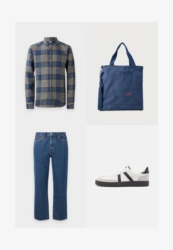 Blå og beige ternet skjorte med lange ærmer lavet af blødt stof, med knaplukning foran, klassisk krave og dobbeltknappede manchetter.; Blå straight-leg jeans lavet af denim, med knaplukning, fem lommer og kontrasterende orange stikninger.; Hvide sneakers med sorte og grå detaljer, med en tekstureret grå tåhætte, sort gummisål og flade hvide snørebånd. Rent design, minimalistisk stil.; Blå lærredstote taske med frontlomme og rød "O.N.S" broderi, med to håndtag og en justerbar skulderrem.