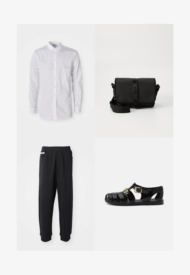Camisa blanca de manga larga con cuello abotonado y un sutil logo bordado en el lado izquierdo del pecho.; Pantalones de chándal negros de tela suave, con cinturilla elástica, bolsillos laterales y puños acanalados en los tobillos. Diseño minimalista.; Sandalias de goma negras con diseño perforado, que cuentan con un cierre de hebilla dorada y una plantilla texturizada. Logo estampado en el talón.; Bolso cruzado negro de nailon con solapa, que cuenta con un cierre de cinta con logo prominente, correa ajustable y detalles de costura lateral.