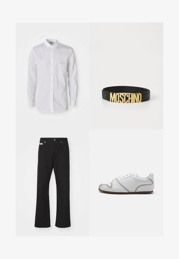 Weißes Langarmhemd mit Knopfverschluss, Knopfkragen und dezent gesticktem Logo auf der linken Brust.; Schwarze Baumwollhose mit geradem Bein, mit einem Frontknopfverschluss, zwei seitlichen Taschen und einem kleinen Markenetikett am Bund.; Weiße Sneaker mit einem Obermaterial aus glattem Leder, grauen Suede-Akzenten und einem schlichten Schnürdesign. Rutschfeste braune Gummisohle; minimalistische Gestaltung.; Schwarzer Leder-Gürtel mit einer großen goldenen "MOSCHINO"-Logo-Schnalle, glatte Textur, verstellbare Größe und minimalistisches Design.