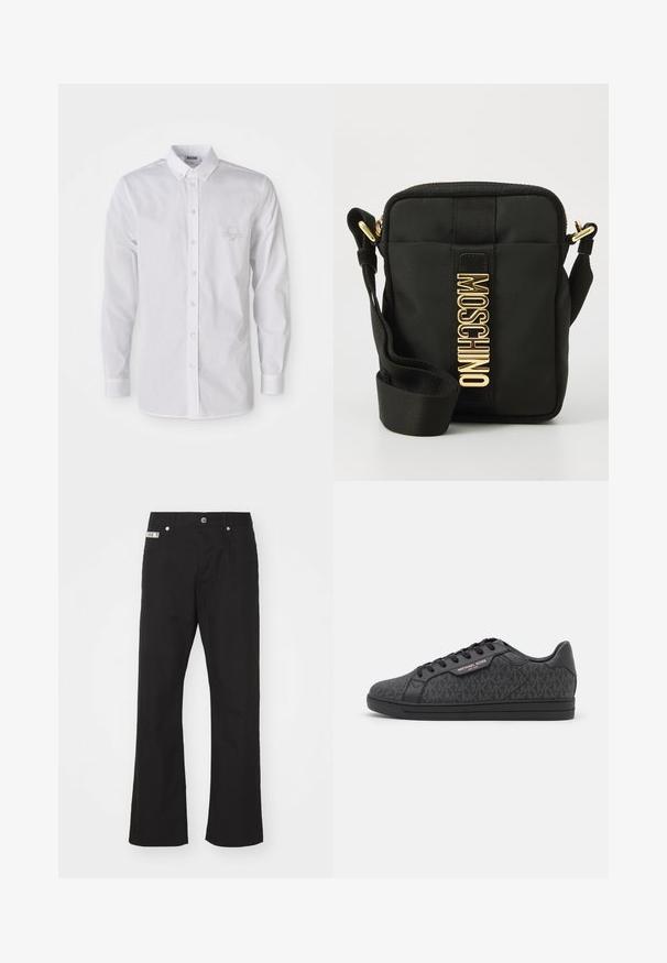 Witte langemouwen button-up shirt met button-down kraag en subtiele geborduurde logo op de linkerborst.; Zwarte katoenen broek met een rechte pijpdesign, voorzien van een sluiting met een knoop aan de voorkant, twee zijzakken en een klein merklabel op de tailleband.; Zwarte sneakers met een textuur bovenwerk van stof met een subtiel MK-patroon, zwarte leren accenten en een zwarte rubberen zool.; Zwarte nylon schoudertas met een rechthoekige vorm, voorzien van een textuurafwerking, een gouden "MOSCHINO" logo en een verstelbare band.