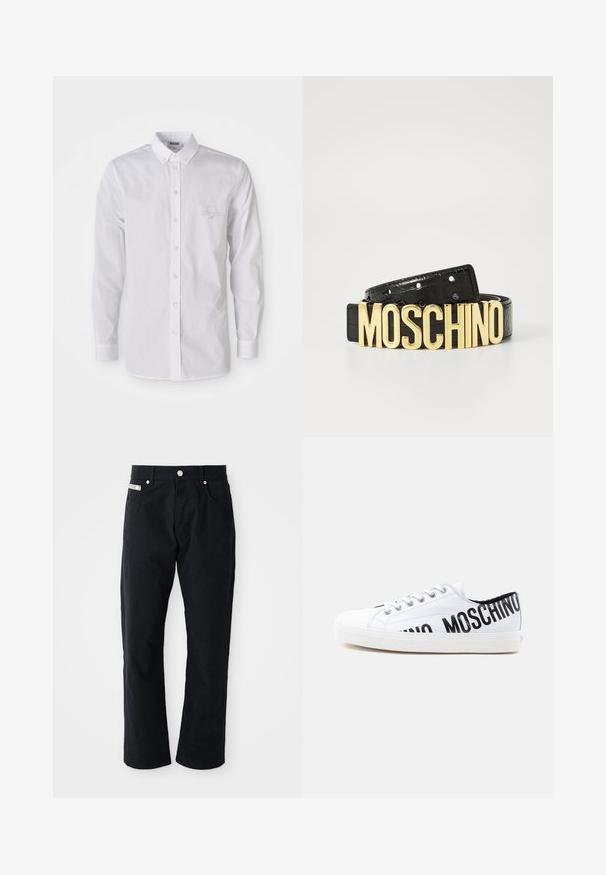 Witte langemouwen button-up shirt met button-down kraag en subtiele geborduurde logo op de linkerborst.; Zwarte katoenen broek met een recht model, vijf zakken, zilverkleurige hardware en een subtiel gestructureerd oppervlak.; Witte lage sneaker met witte veters en zwarte "MOSCHINO" tekst gedeeltelijk zichtbaar aan de zijkant en hiel.; Zwarte leren riem met een krokodillenstructuur en een grote gouden "MOSCHINO" logo als gesp. Voorzien van meerdere verstelgaten.