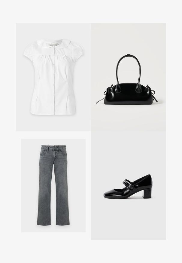 Blouse blanche à manches courtes avec col rond Peter Pan, boutons sur le devant, légers fronces sous l'encolure et plis latéraux subtils.; Jeans en denim gris à jambe droite avec bouton frontal, fermeture éclair et cinq poches, présentés sur un fond blanc.; Chaussure Mary Jane en cuir verni noir avec deux courroies à boucle et un petit talon carré sur fond blanc.; Petit sac à main noir brillant avec deux longues anses et des détails à cordon sur les côtés sur un fond clair uni.